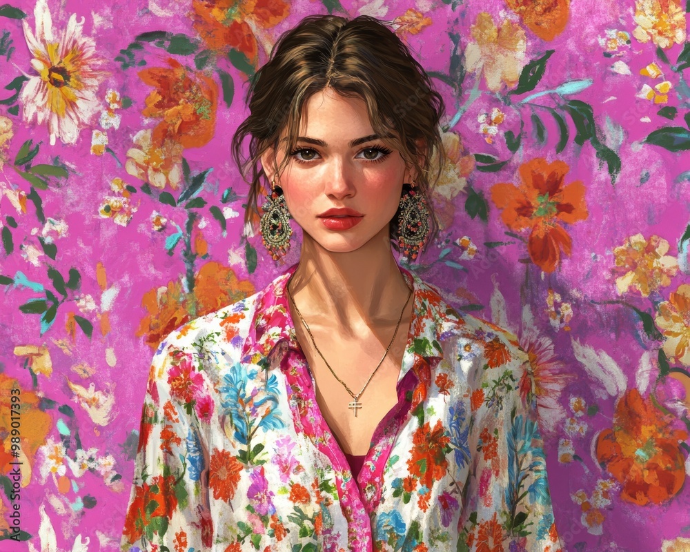 A young Caucasian woman with floral earrings poses against a vibrant pink flower-patterned background. A young Caucasian woman with floral earrings poses against a vibrant pink flower-patterned background.