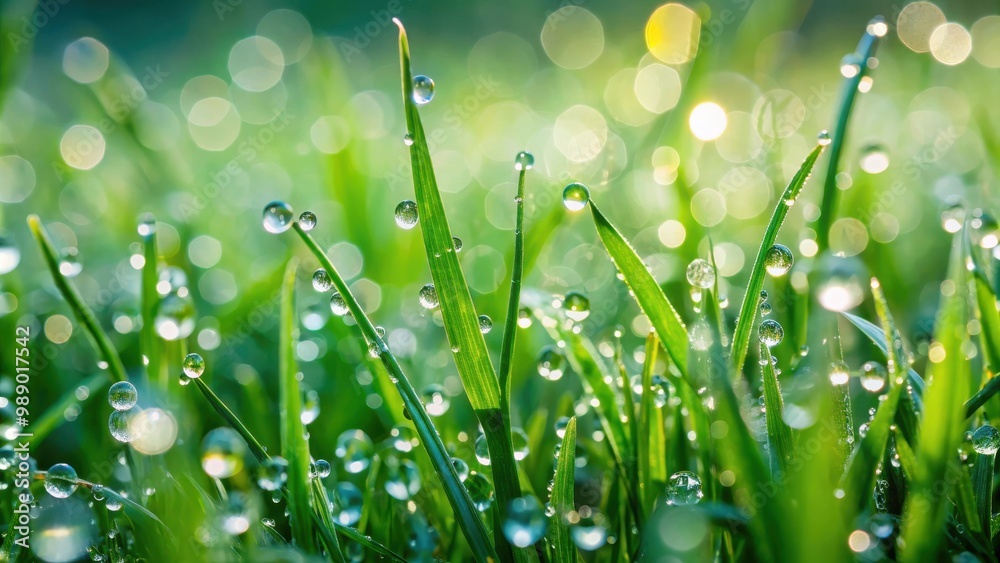 Fototapeta premium Closeup of green grass covered in water drops after rain