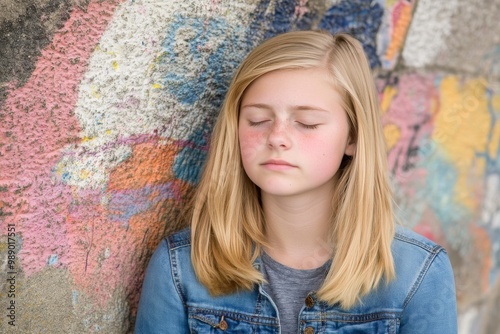 A contemplative Caucasian teenage girl with long blonde hair, eyes closed, leaning against a colorful mural.