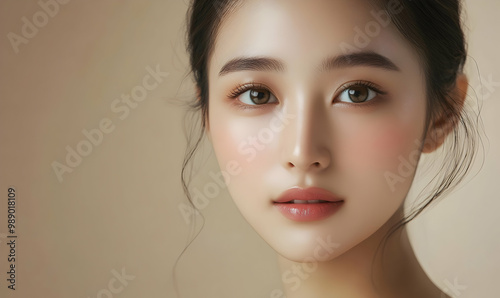 Close-up portrait of young Asian beautiful woman with K-beauty make up