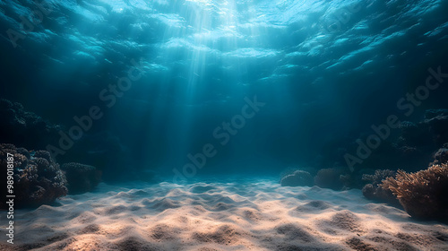 Ocean Floor with Sunbeams Shining Through the Water