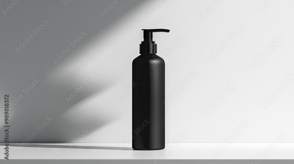 A matte black plastic cosmetic bottle with a pump, positioned on a white surface, offering a modern and sleek design presentation. A matte black plastic cosmetic bottle with a pump, positioned on a white surface, offering a modern and sleek design presentation.