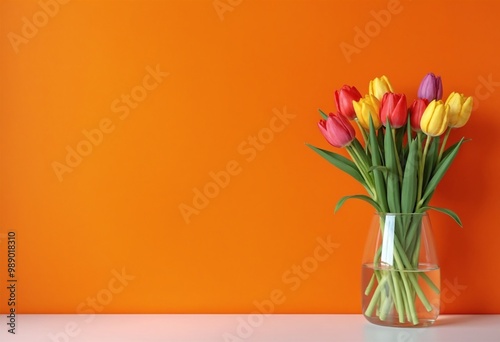 Table with colorful tulips in glass vase against orange wall. Interior background with copy space