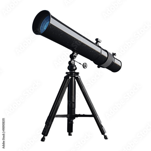 Black telescope on a tripod for stargazing and astronomical observations on transparent background