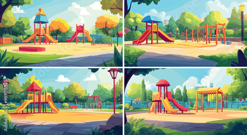 Kids playground cartoon vector concepts. Slides swings trees wooden bench children empty recreation city park sunny kindergarten place, play zone backyard activity area illustration