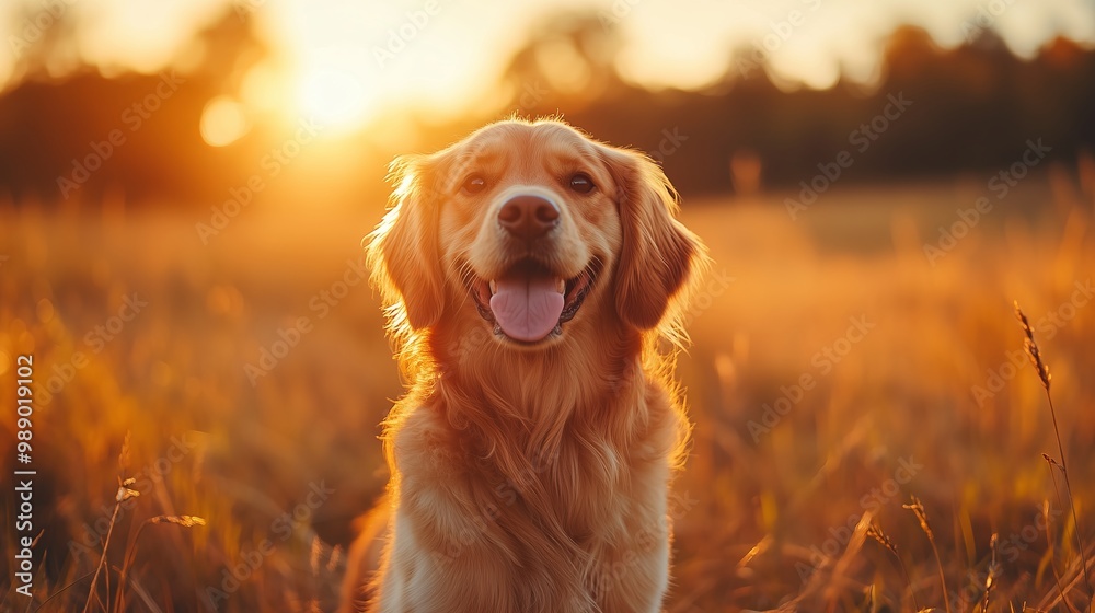 A happy Golden Retriever dog sitting in a field at sunset A happy Golden Retriever dog sitting in a field at sunset