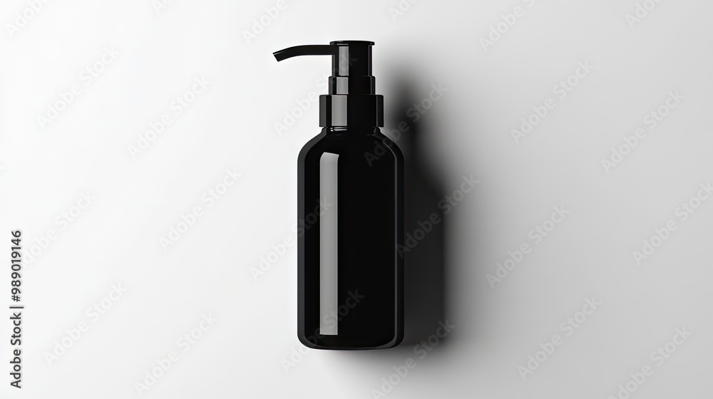 A minimalist black cosmetic bottle with a pump, isolated on a plain white background, ideal for sleek packaging designs.