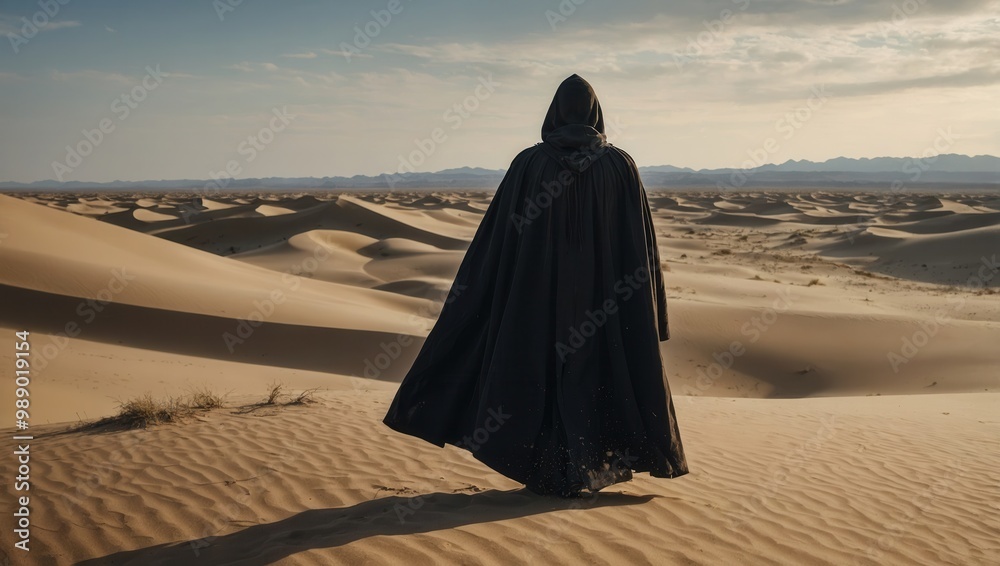 A person is walking in a desert with a black cloak on A person is walking in a desert with a black cloak on