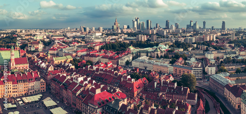 Old city in Warsaw panorama, view from above to the old and new city