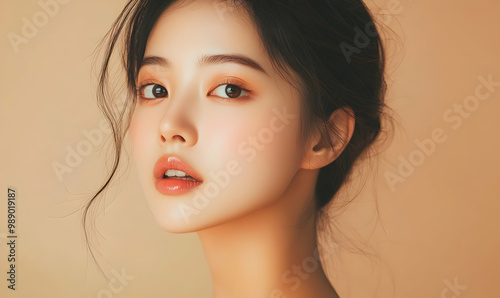 Close-up portrait of young Asian beautiful woman with K-beauty make up