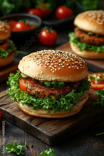 A close-up of a vegan burger with lettuce, tomatoes, and plant-based patty on a wooden table