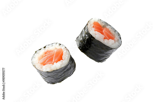 Two Salmon sushi nigiri that rice wrap by seaweed flying in the air isolated on background, soft rice to the savory nori and fresh seafood.