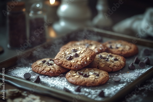 A freshly baked vegan cookies on a tray, with ingredients like oats and dark chocolate