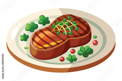 Grilled Steak with Parsley and Peas on Plate, illustration on white background.