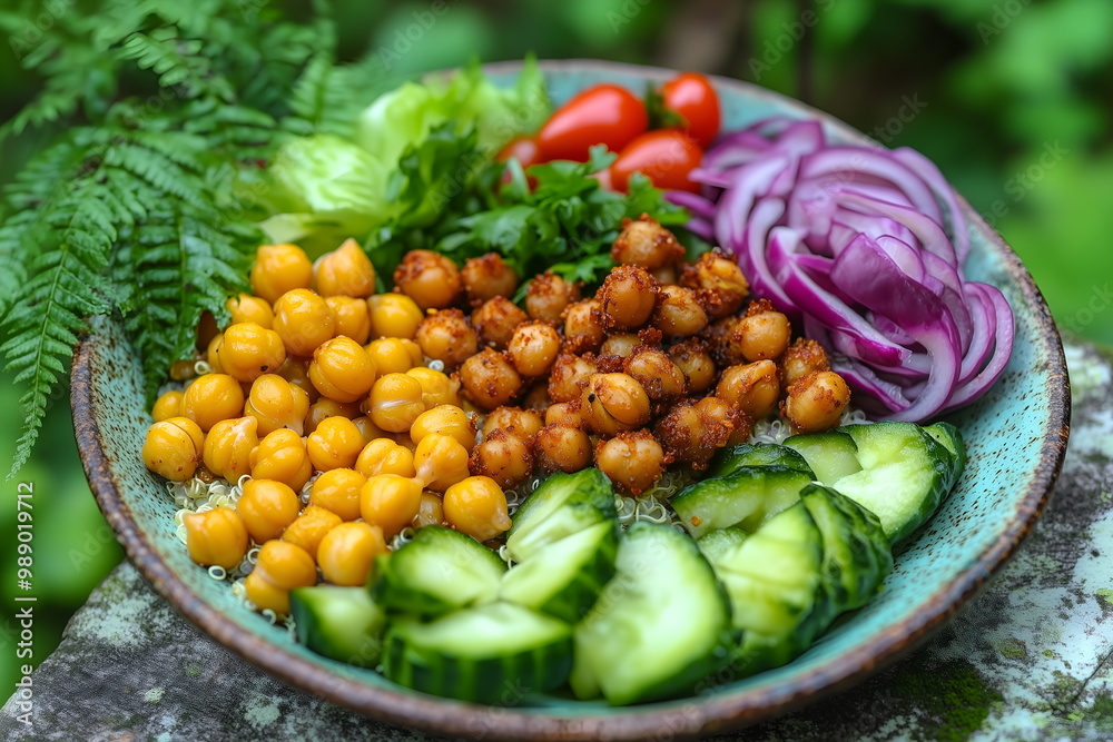 A minimalist vegan Buddha bowl, roasted chickpeas, quinoa, and fresh vegetables A minimalist vegan Buddha bowl, roasted chickpeas, quinoa, and fresh vegetables
