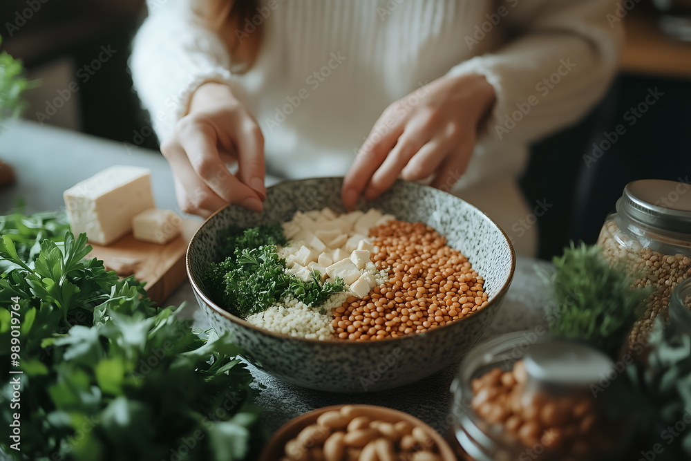 A modern, minimalist kitchen table with vegan protein sources like tofu, lentils, and nuts