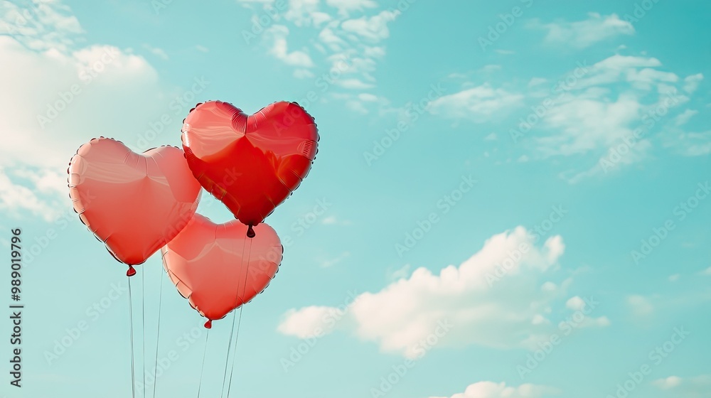 Romantic heart-shaped balloons floating in the sky, symbolizing love and celebration. No people, ample copy space for text Romantic heart-shaped balloons floating in the sky, symbolizing love and celebration. No people, ample copy space for text