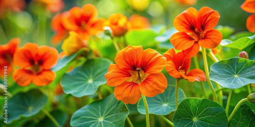 Vibrant nasturtium plant with orange flowers blooming in a lush garden