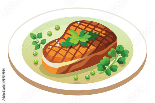 Grilled Steak with Parsley and Peas on Plate, illustration on white background.