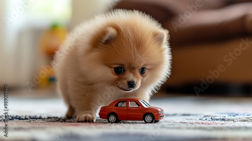 Cute fluffy Pomeranian puppy curiously inspecting a small toy car on a carpet in a cozy home setting. photo