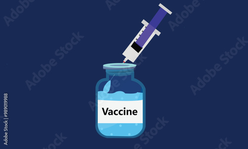 A syringe lying on a bottle with the vaccine. vaccine bottles.  medical healthcare concept. Vector illustration for web, mobile app in flat style.