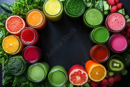 vegan smoothie with fresh fruits and vegetables, on black board, banner with copy space