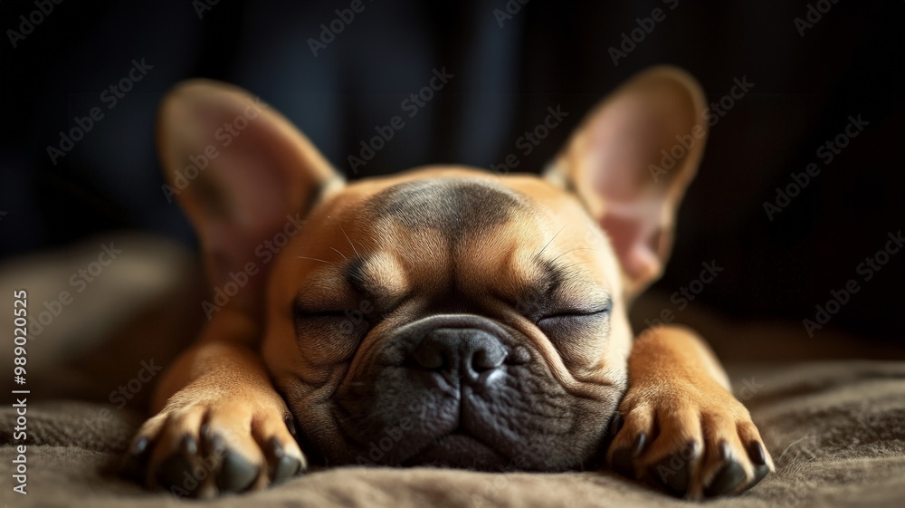 Obraz premium Cute French bulldog puppy peacefully sleeping on a soft blanket, showcasing adorable and calm pet relaxation at its finest.