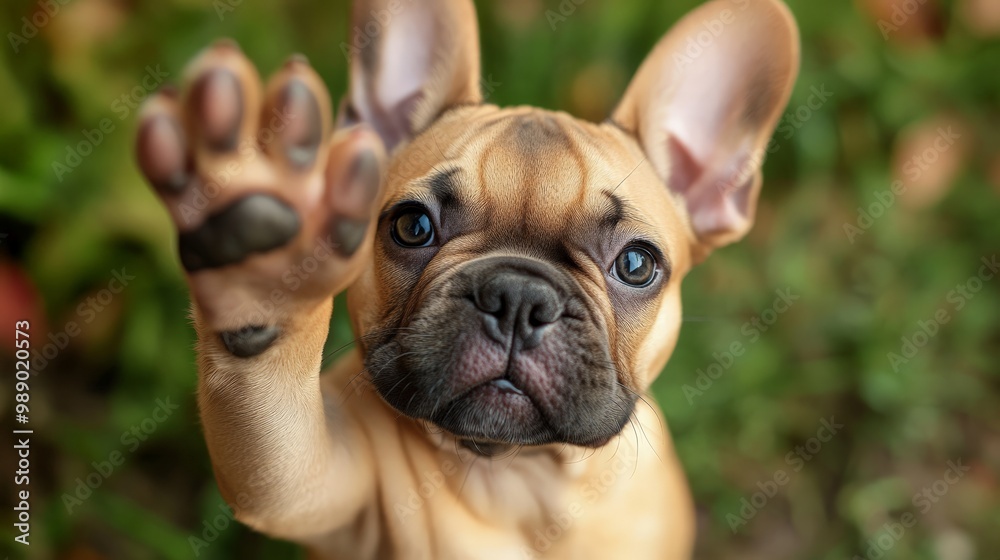 Cute French Bulldog puppy raises paw in an adorable gesture, set against a blurred forest green background. Cute French Bulldog puppy raises paw in an adorable gesture, set against a blurred forest green background.