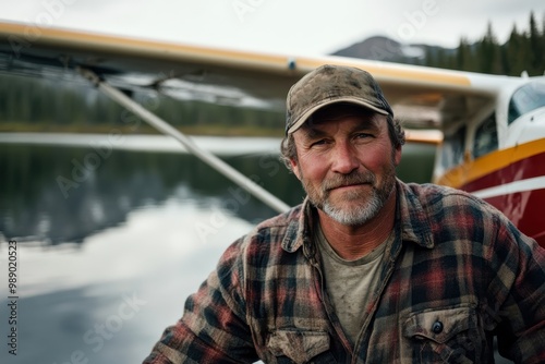 A middle-aged man wearing a plaid shirt and cap is seen next to a small plane by a serene lake, surrounded by trees and mountains in the background.