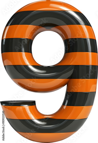 Glossy 3D Number 9 with Orange and Black Stripes