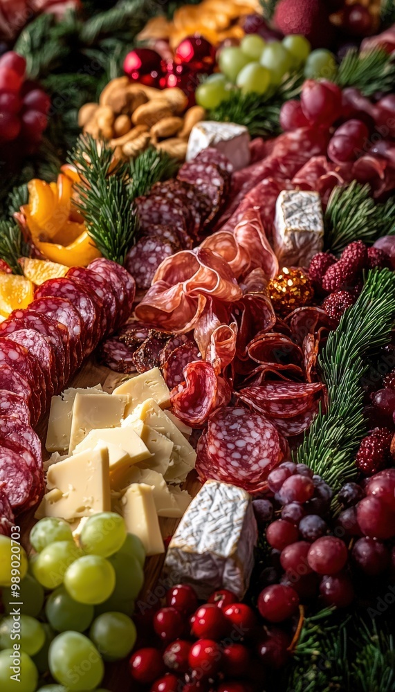 Beautifully Arranged Christmas Charcuterie Board with Meats, Cheeses, Fruits, and Holiday Garnishes Beautifully Arranged Christmas Charcuterie Board with Meats, Cheeses, Fruits, and Holiday Garnishes