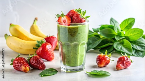 Strawberries and bananas blend harmoniously with spinach in a transparent glass, positioned centrally on a pure white background