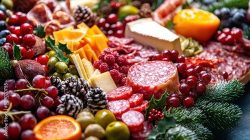 Festive Christmas Charcuterie Board with Cheeses, Meats, Fruits, and Holiday Snacks