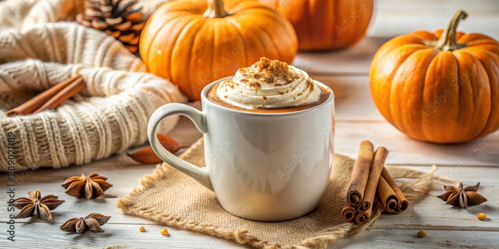 Warmly lit pumpkin spice latte fills a snug mug, adorned with a pinch of nutmeg, on a pristine white backdrop, with a shallow depth of field, rich earthy colors, and a cozy, autumnal ambiance. Warmly lit pumpkin spice latte fills a snug mug, adorned with a pinch of nutmeg, on a pristine white backdrop, with a shallow depth of field, rich earthy colors, and a cozy, autumnal ambiance.