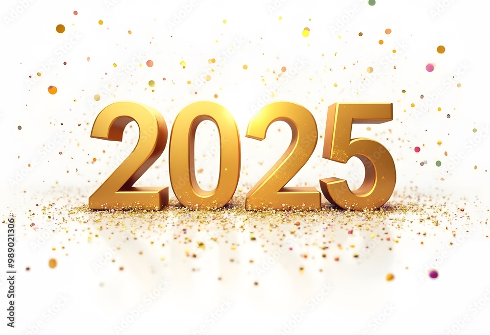 Happy New Year 2025 golden metallic numbers. Festive poster or banner design. 3D illustration.
Happy New Year 2025 golden metallic numbers. Festive poster or banner design. 3D illustration.