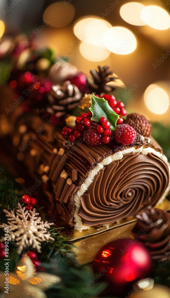 Festive Holiday Yule Log Cake with Intricate Frosting, Pinecones, and Berry Garnishes for Christmas Celebrations Festive Holiday Yule Log Cake with Intricate Frosting, Pinecones, and Berry Garnishes for Christmas Celebrations