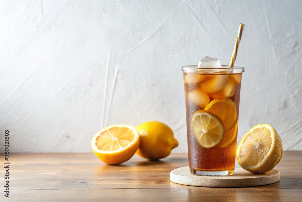 Fototapeta premium Cold brew iced tea fills a chic, modern tumbler, adorned with a delicate lemon slice