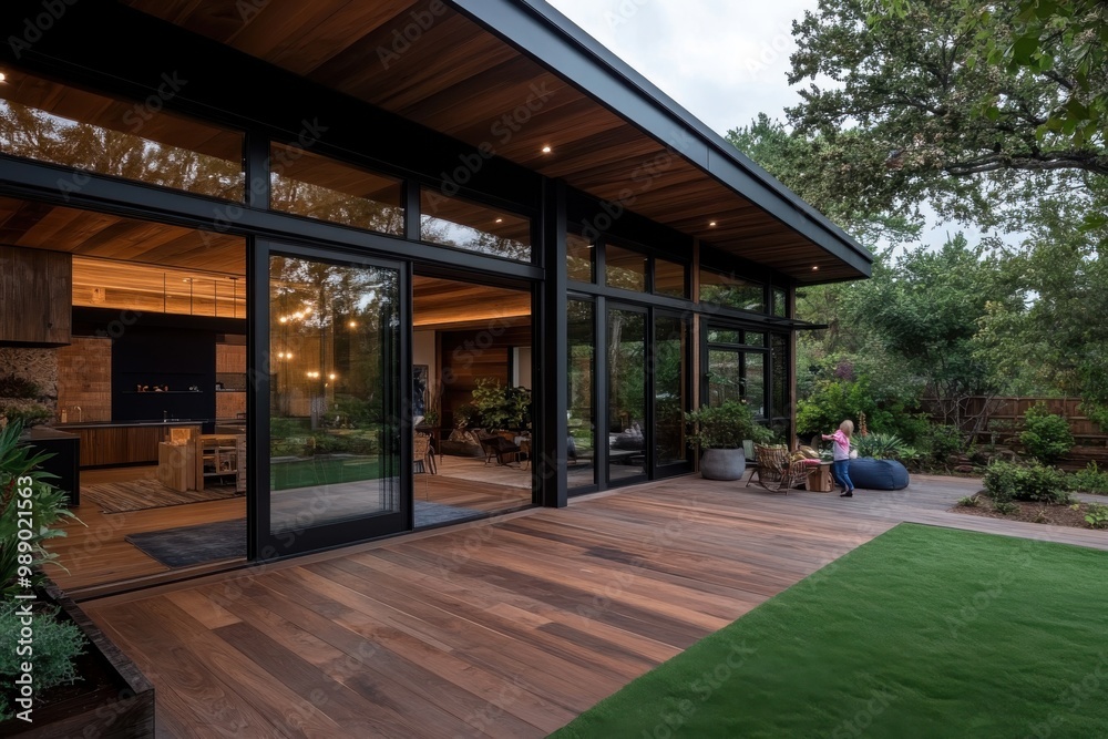 A modern home featuring an extensive wooden deck, large glass windows, and lush greenery, blending architecture with nature, ideal for leisure, gatherings, and serene living experiences. A modern home featuring an extensive wooden deck, large glass windows, and lush greenery, blending architecture with nature, ideal for leisure, gatherings, and serene living experiences.