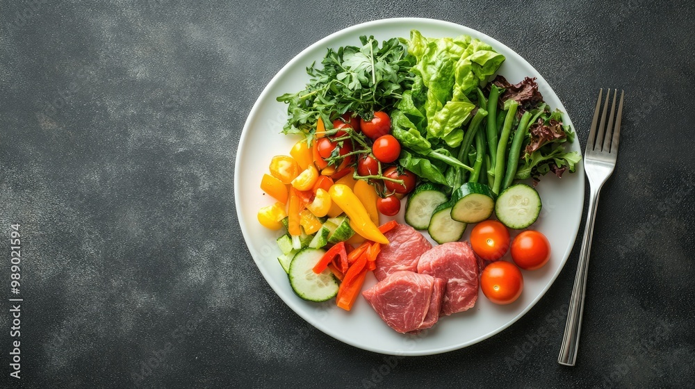 Top view of a weight loss diet plate with lean protein and colorful veggies. No people, room for text Top view of a weight loss diet plate with lean protein and colorful veggies. No people, room for text