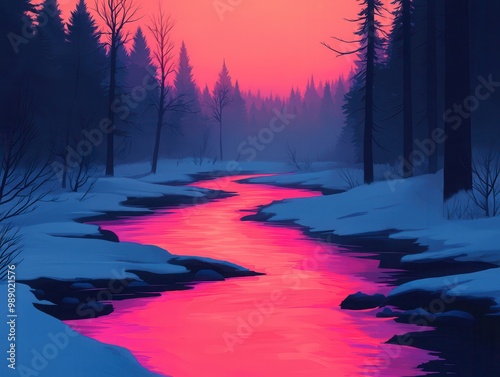 A serene winter landscape with a glowing river and colorful sunset behind silhouettes of trees. photo