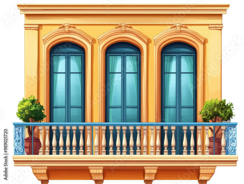 Colorful balcony with blue shutters and greenery, white isolated background transparent background