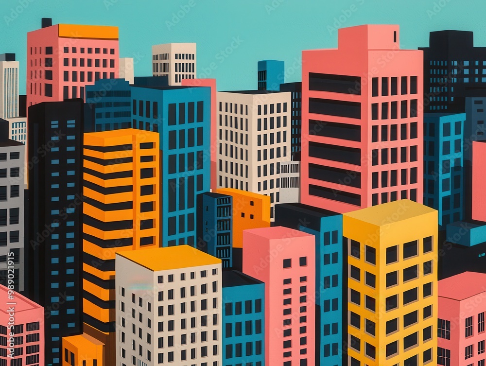 Vibrant cityscape with colorful buildings against a bright blue background. Vibrant cityscape with colorful buildings against a bright blue background.