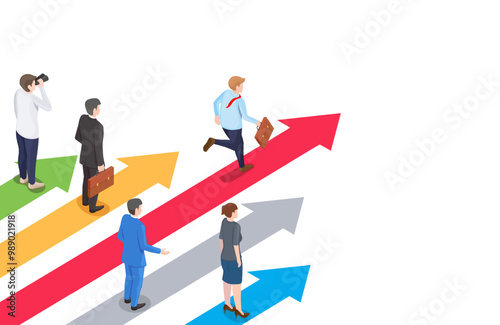 Isometric businesspeople standing on arrows with forward direction vector illustration. Business leadership, career development and success concept