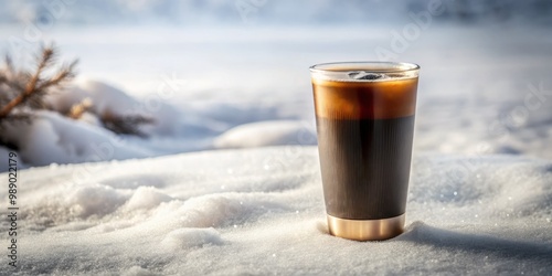 Vanilla-kissed cold brew coffee glows warmly in a chic, minimalist tumbler, isolated on a snowy white surface, bathed in gentle, diffused light, exuding a sense of calm and serenity.