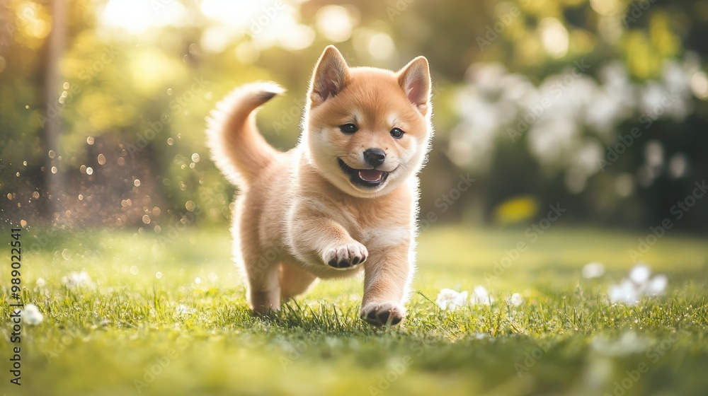 Cute Shiba Inu puppy running on green grass in a sunlit garden. Bright and joyful spring scene with playful pet. Cute Shiba Inu puppy running on green grass in a sunlit garden. Bright and joyful spring scene with playful pet.