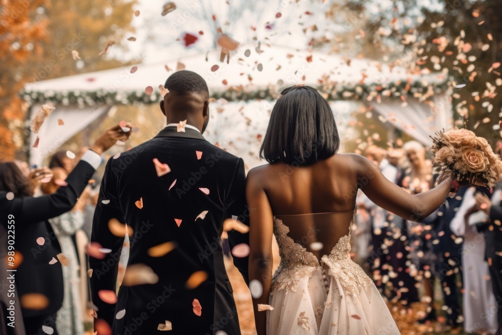 Obraz premium Wedding bride confetti outdoors.
