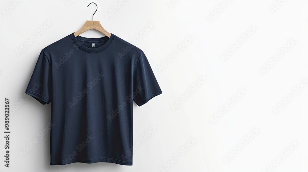 A navy blue t-shirt on a plain hanger against a white background, showcasing a blank canvas for fashion or logo designs. A navy blue t-shirt on a plain hanger against a white background, showcasing a blank canvas for fashion or logo designs.