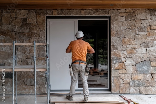 Wallpaper Mural A construction worker inspects the installation of a new door on the exterior of a stone house, showcasing the quality and attention to detail in home renovation projects. Torontodigital.ca