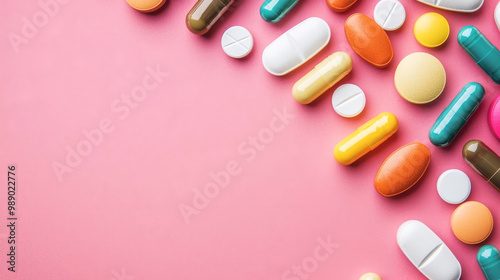 A colorful array of tablets and capsules on a pink background, showcasing various shapes and sizes of medication.