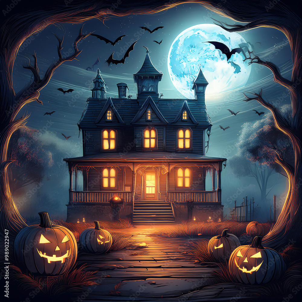 Fototapeta premium Spooky haunted house with glowing pumpkins, a full moon, and flying bats, creating a creepy Halloween atmosphere perfect for haunted house decor, horror-themed designs, or eerie scenes